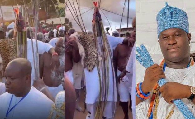 Reactions As video of Ọọ̀ni struggling Sacred Ààrẹ Crown At Ọlọ́jọ́ Festival Surfaces Online&nbsp;(Watch)