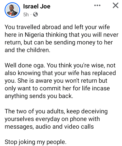 Your wife has replaced you” – Nigerian activist tells man who travelled abroad without his family because he plans to never&nbsp;return