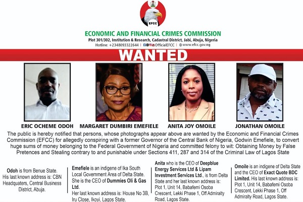 Emefiele’s wife, three others wanted by EFCC