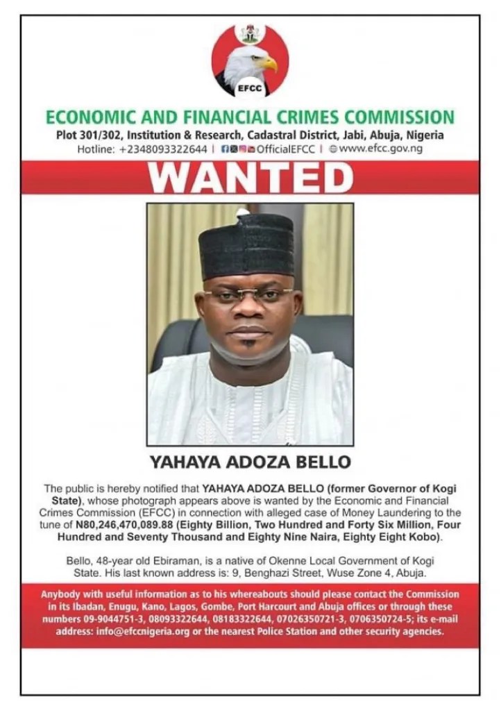 EFCC Declares Former Kogi Governor Yahaya Bello Wanted