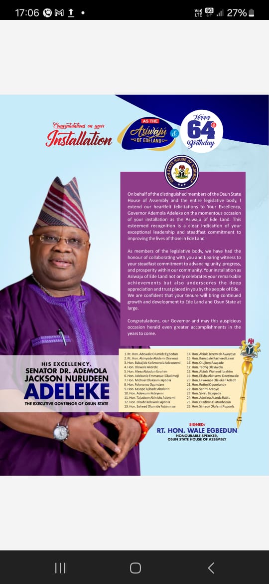 OSHA Celebrates Adeleke on 64th Birthday and Asiwaju Installation in&nbsp;Edeland
