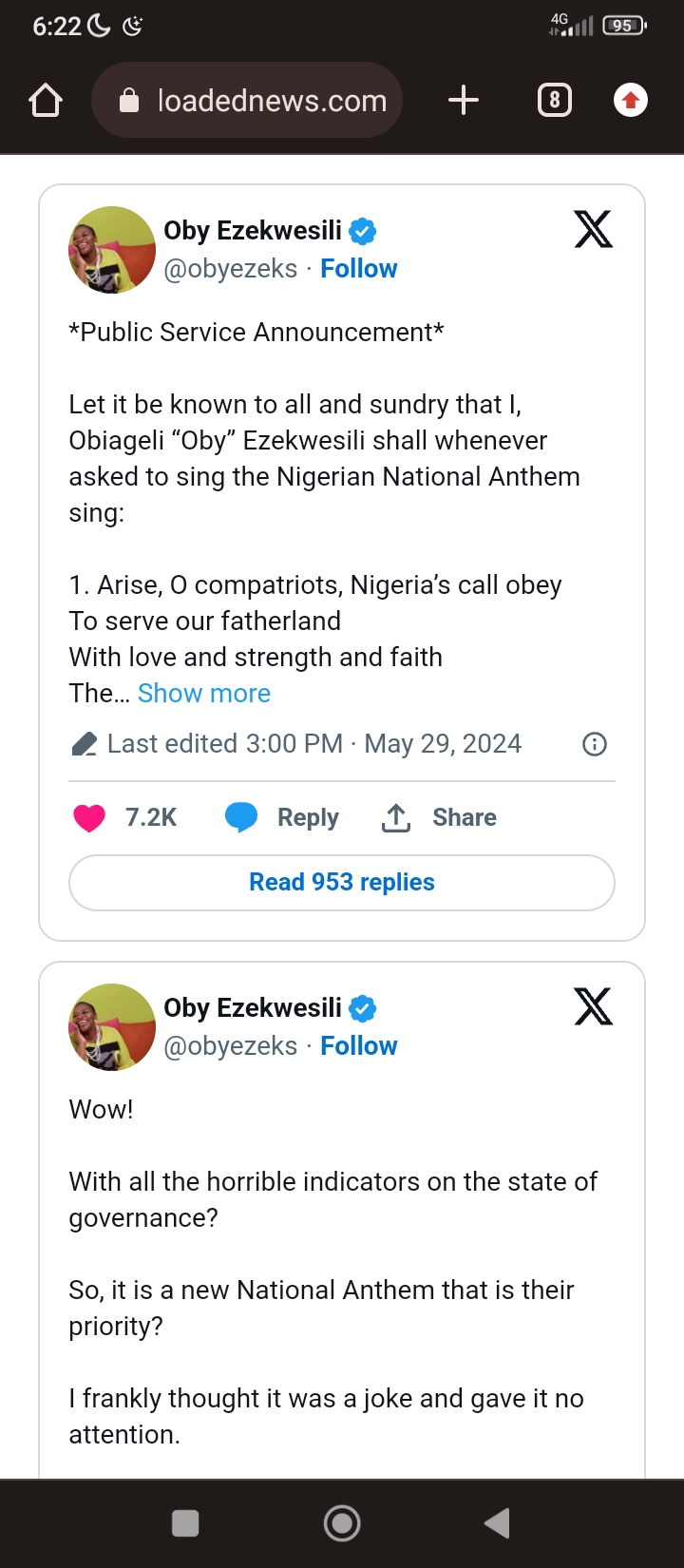 I Won’t Sing New National Anthem – Ex-Minister Declares&nbsp;Ezekwesili