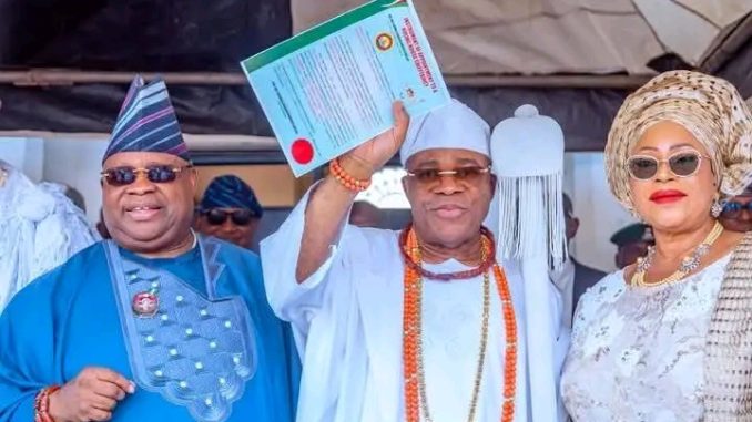 Reactions As Adeleke Presents Staff Of Office To New&nbsp;Owa-Obokun