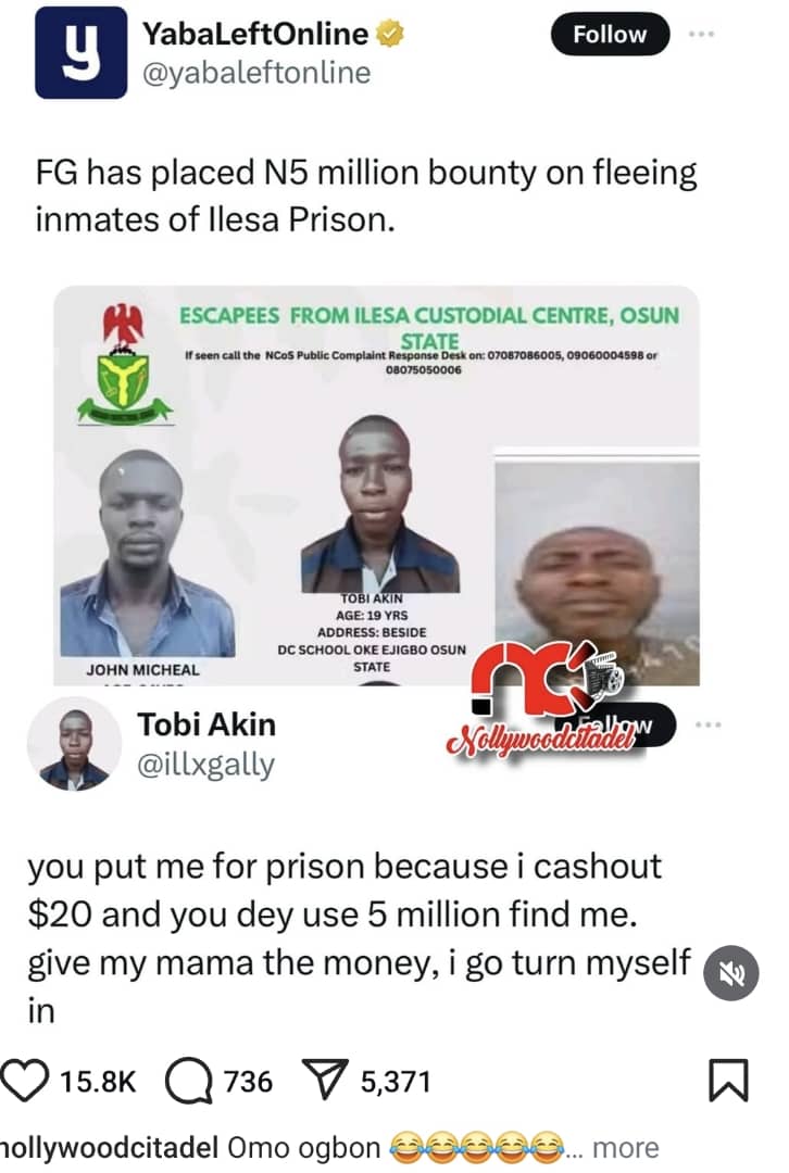 Ilesa Prison Escapee Offers To Surrender If FG Gives ₦5M Bounty To His&nbsp;Mother