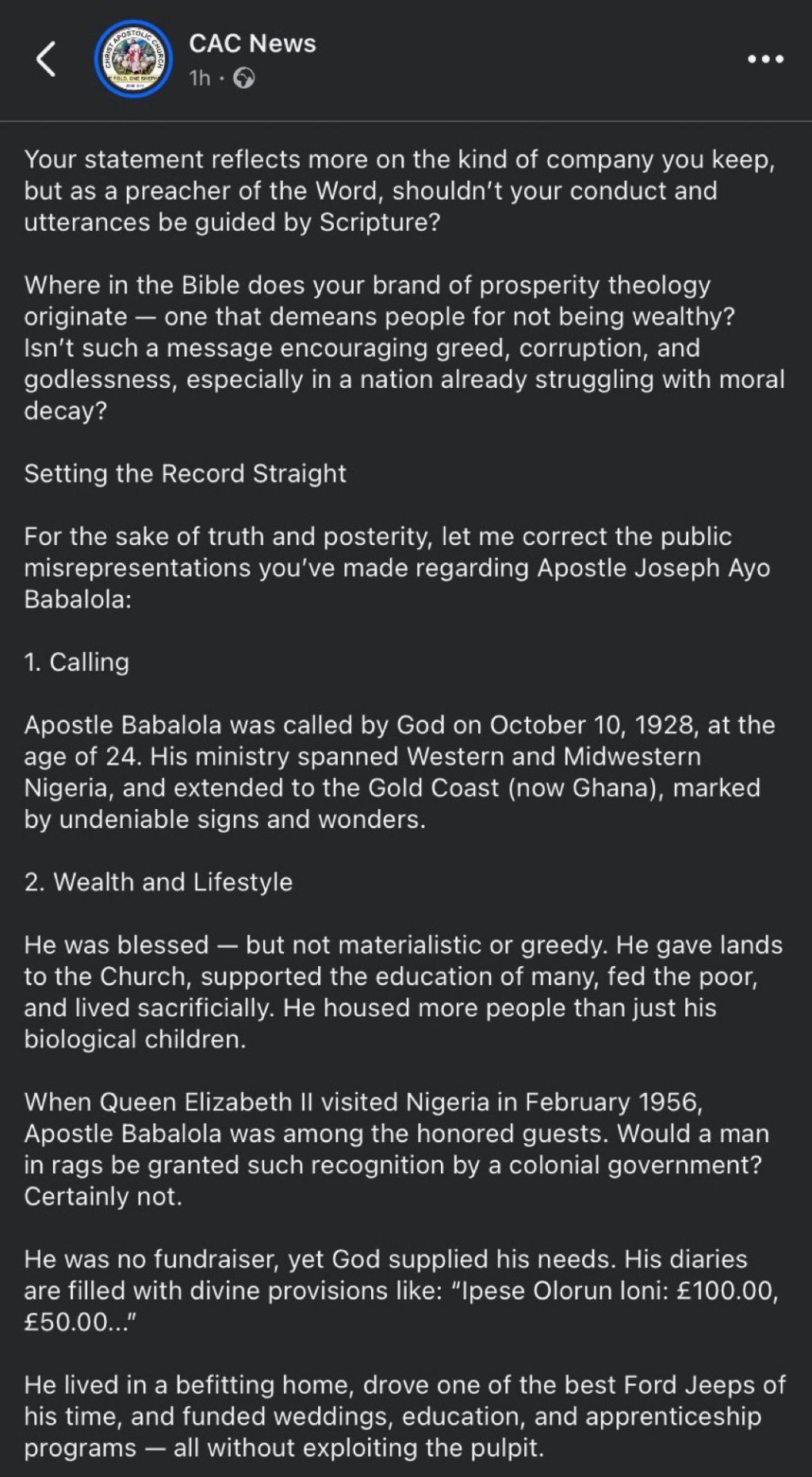 Comment about Apostle Babalola insensitive, preaching encourages corruption – CAC replies Pastor Fatoyinbo