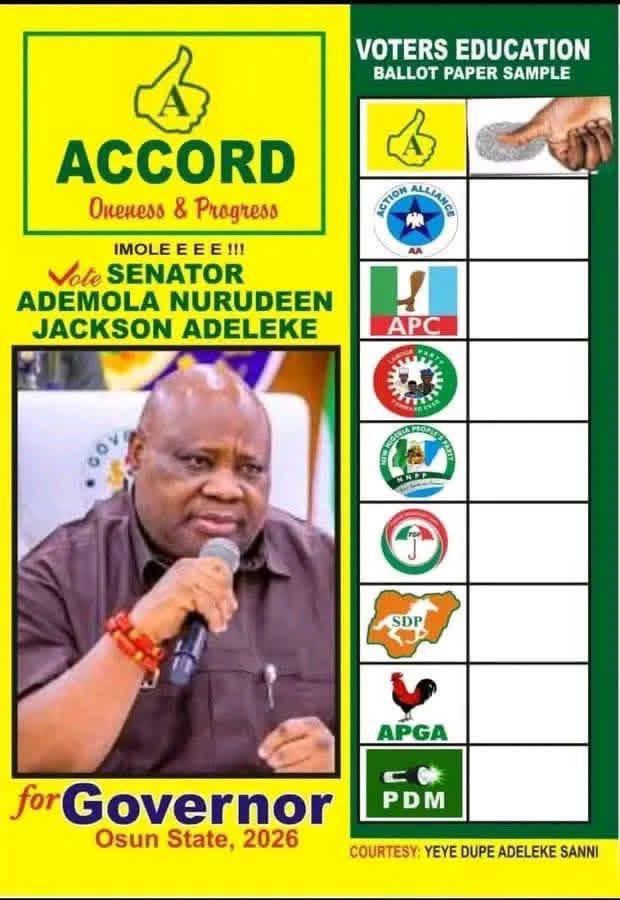 Osun 2026: Adeleke remains our sole candidate – Accord party